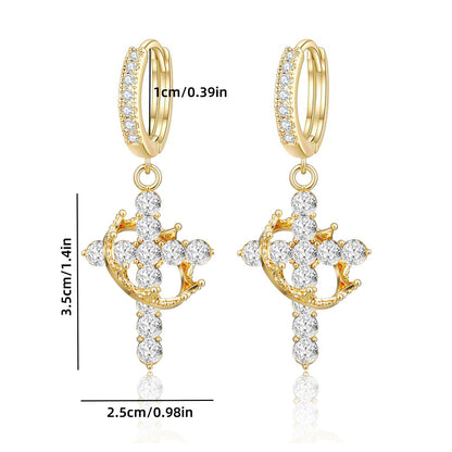 Rotating Crown Cross Earrings Set with Zircon